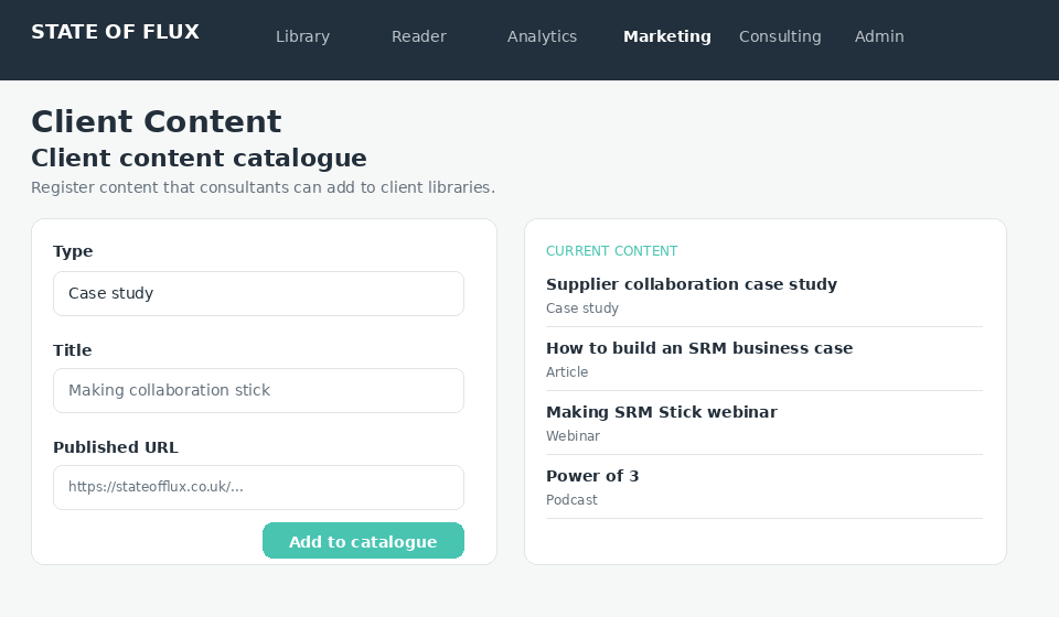 Client-content catalogue for articles, case studies, video, webinars and podcasts.