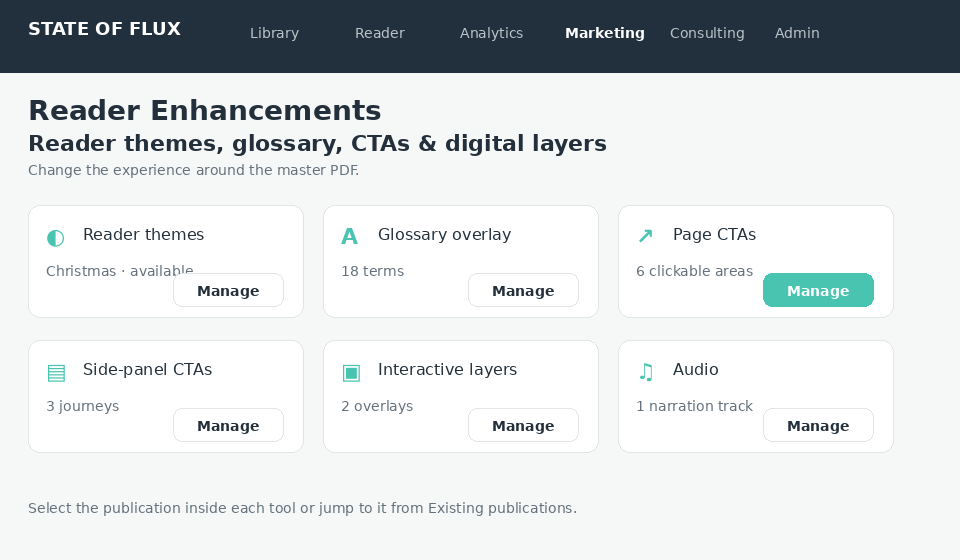 Reader enhancements including themes, glossary and CTA controls.