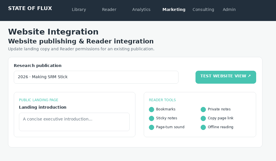 Website landing and Reader settings for the selected publication.